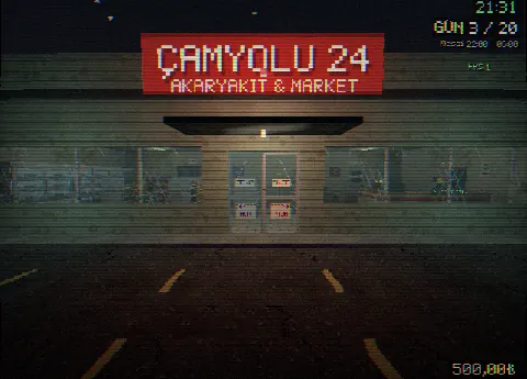 Dükkanın gece dış cephesi, kırmızı ÇAMYOLU 24 tabelası